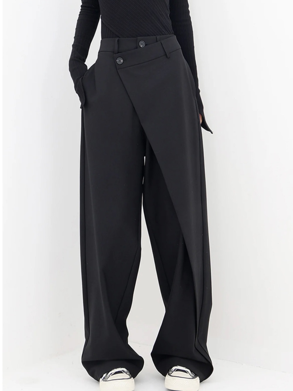 Commense Black Wide-Leg Draped Wrap Pants